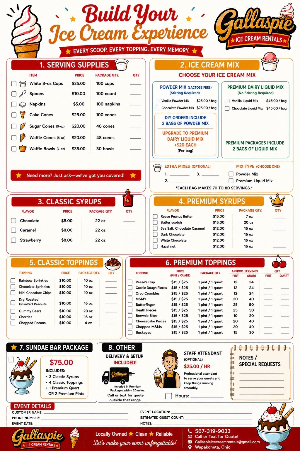 Build your ice cream experience menu