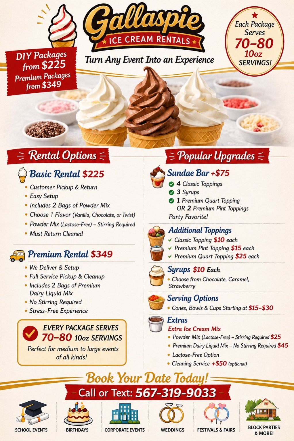 Gallaspie Ice Cream Rentals package menu