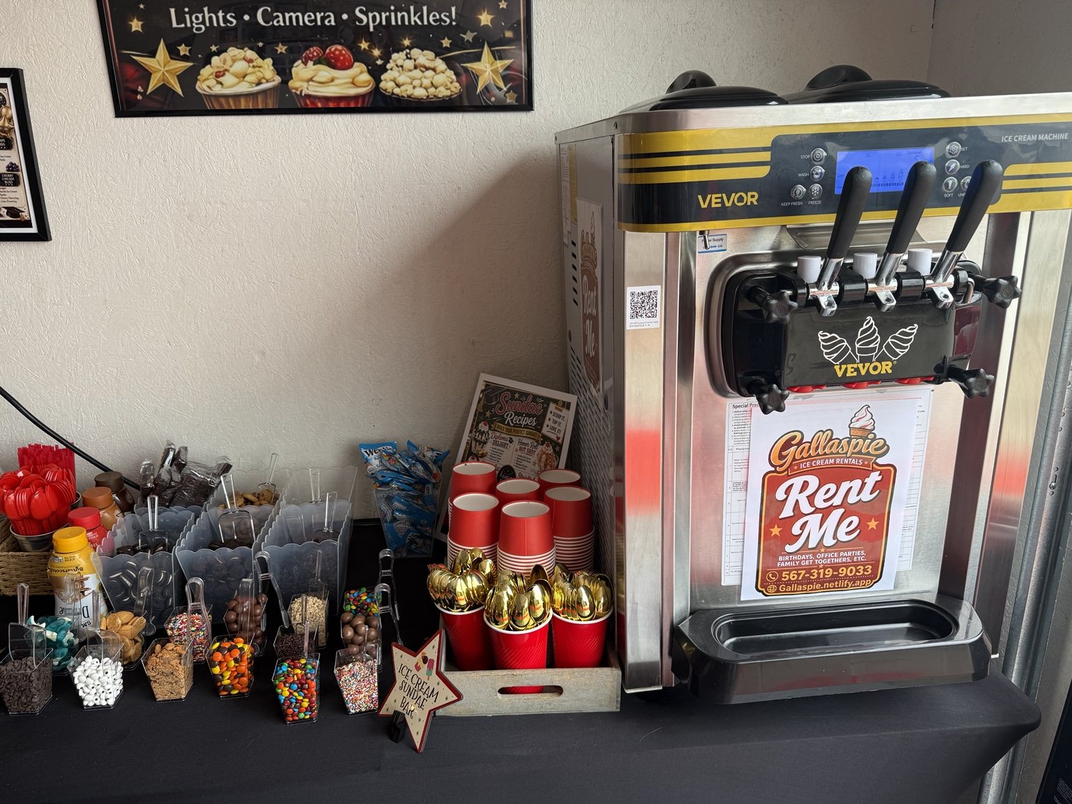 Sundae bar setup beside the ice cream machine